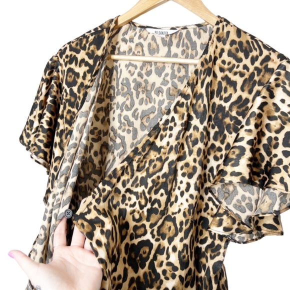 BB Dakota Womens Leopard Print Ruffle Wrap Mini Dress Flutter Sleeve Belted - Picture 7 of 16